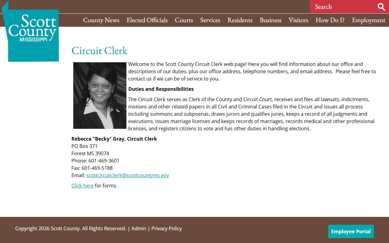 Scott County Circuit Clerk court records office in Forest, Mississippi