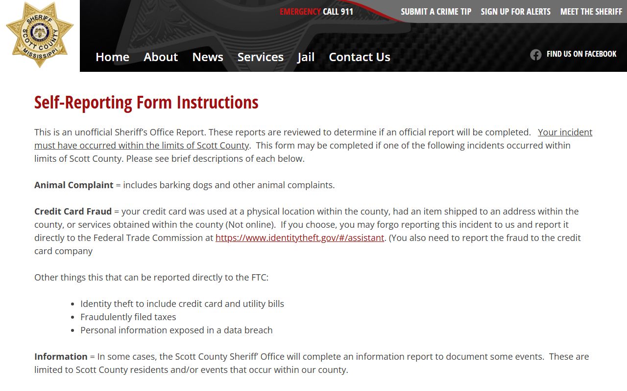 Scott County arrest records and the sheriff self-reporting form instructions