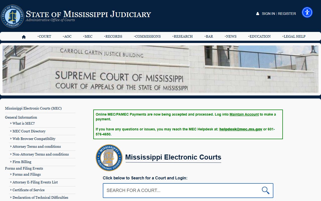 Scott County court records search through the Mississippi Electronic Courts gateway