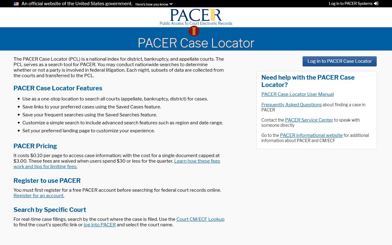 Scott County Circuit Court federal case lookup through the PACER Case Locator