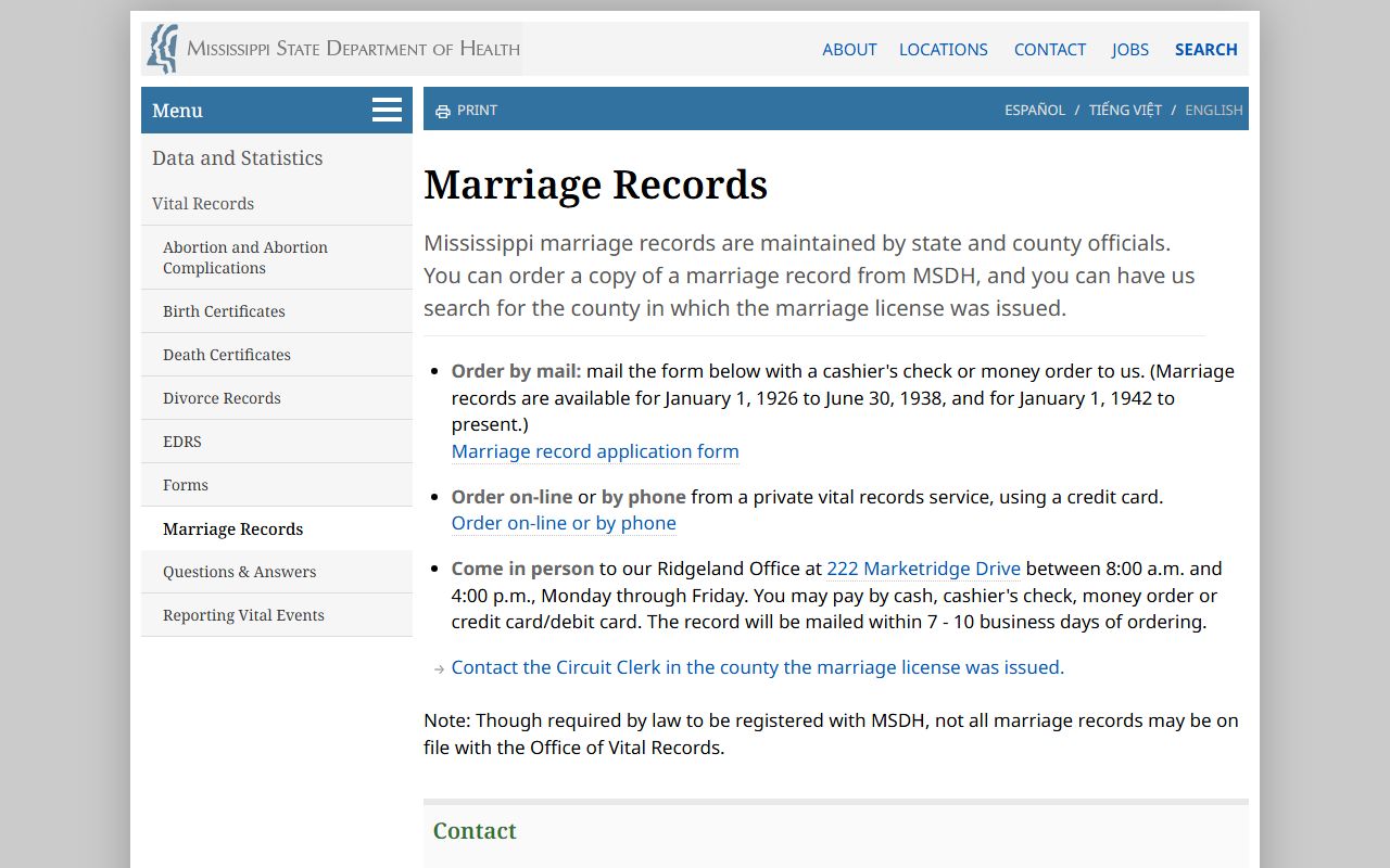 Scott County marriage records ordering instructions from MSDH